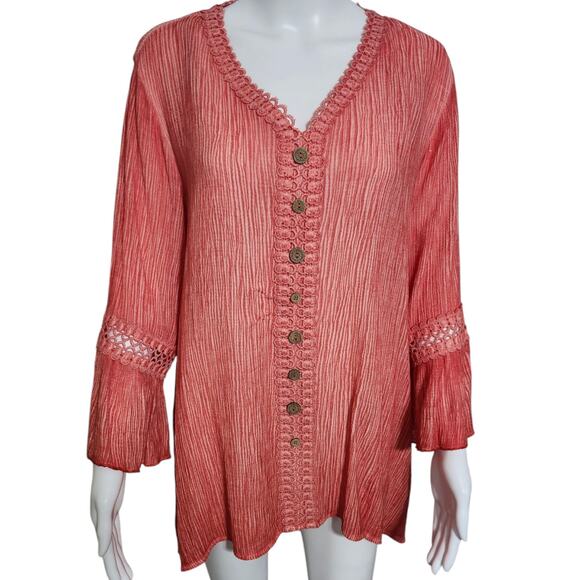 ALI MILES BLOUSE V-NECK 3/4 SLEEVE RAYON BLEND CRINKLE SUMMER RED LARGE NEW - Picture 1 of 10